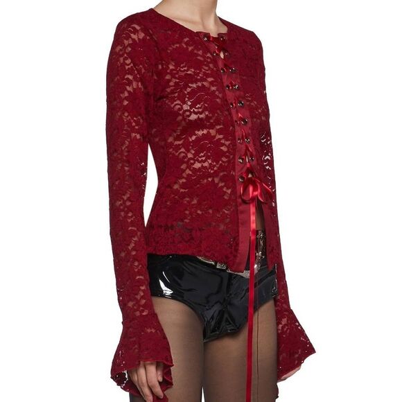 NWOT~Dolls Kill Current Mood Red Lace Romanticized Intentions Long Sleeve Top XL - Picture 5 of 6